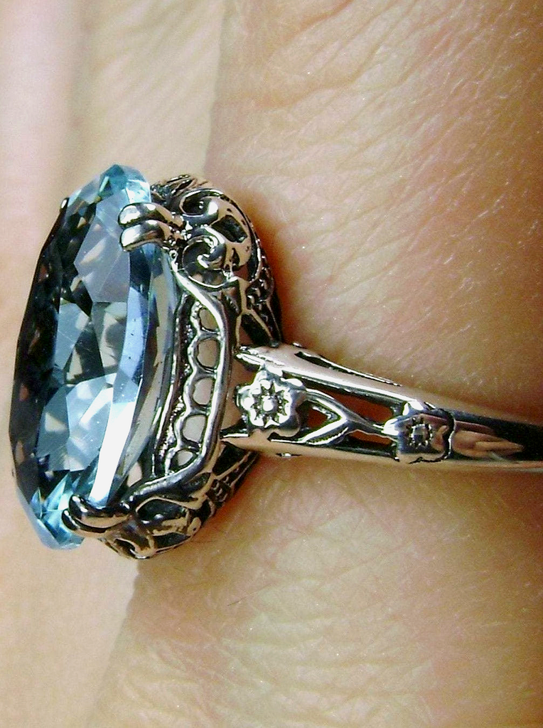 Aquamarine Ring, simulated oval faceted gemstone, floral sterling silver filigree, Edward design #D70
