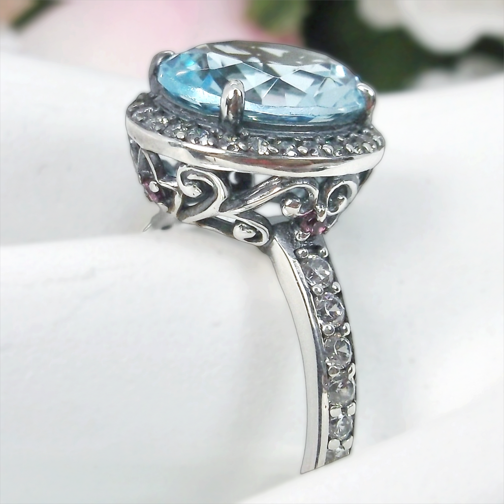 Sky Blue Aquamarine Ring, Sterling Silver Filigree, Halo Design, Silver Embrace Jewelry, Art Deco Jewelry, D228