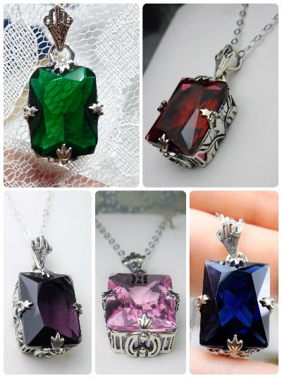 GL Pendant, Art Deco Vintage Jewelry design, Rectangle Gemstone, Vintage Jewelry, Silver Filigree, Silver Embrace Jewelry, P15