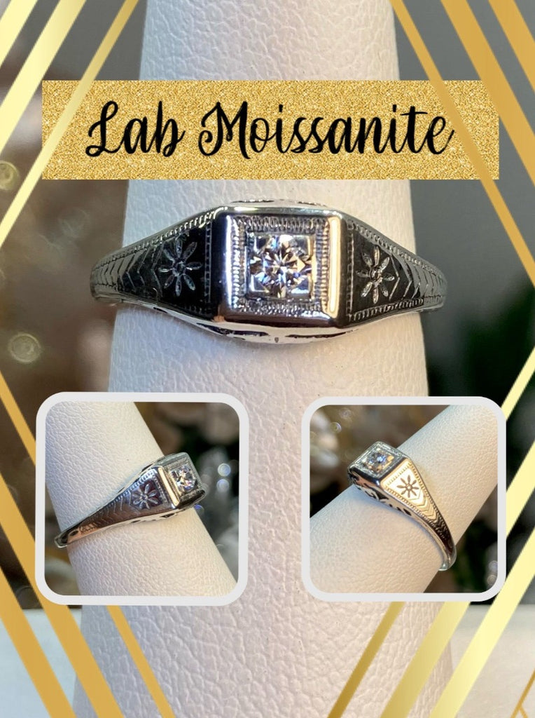 Moissanite ring, solid sterling silver, deco wedding ring, D155, Silver Embrace Jewelry