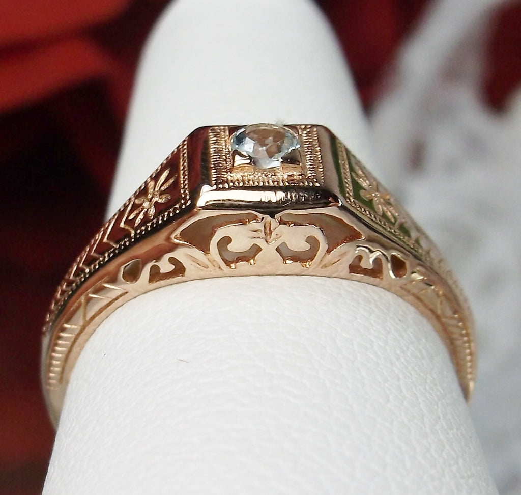 Art Deco Wedding Ring Rose Gold Plated Blue Topaz or Aquamarine #D155 Silver Embrace Jewelry