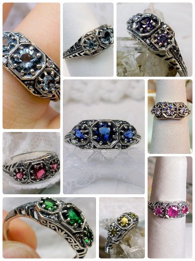 Tiny 3 Stone Ring, Art deco style ring with three gems set in sterling silver filigree, Silver Embrace Jewelry, D161