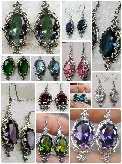 Pin Earrings, Oval Gem Earrings, Sterling Silver Filigree, Victorian Jewelry, Pin Design P18