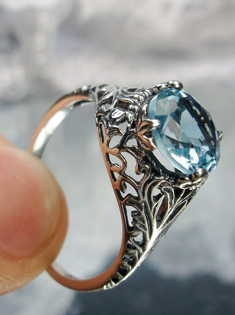 sky blue aquamarine ring with swirl antique floral sterling silver filigree