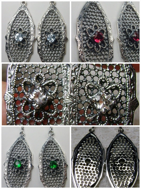 Flower Star Earrings, Sterling Silver Filigree, Round Gems, Vintage Jewelry, Silver Embrace Jewelry, E20