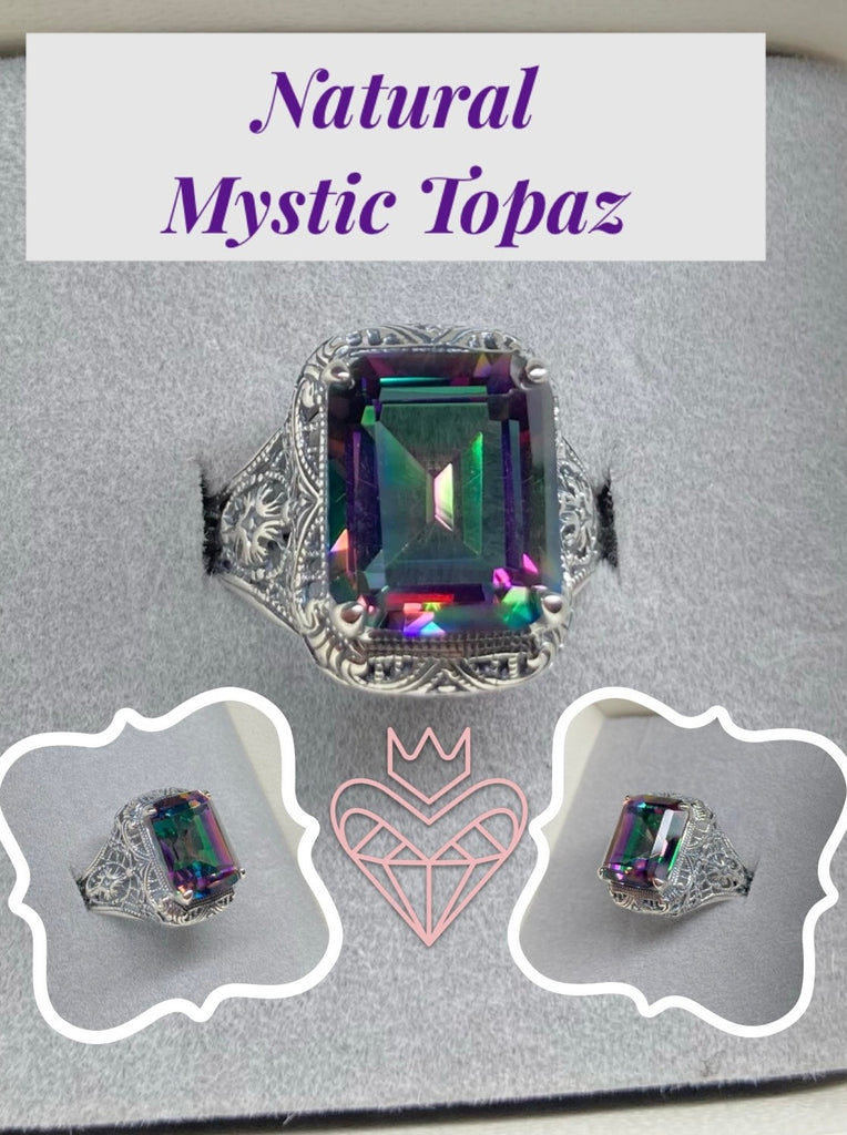 Natural Mystic Topaz Ring, Autumn Design, Rectangle Gemstone, Vintage Victorian Jewelry, #D200
