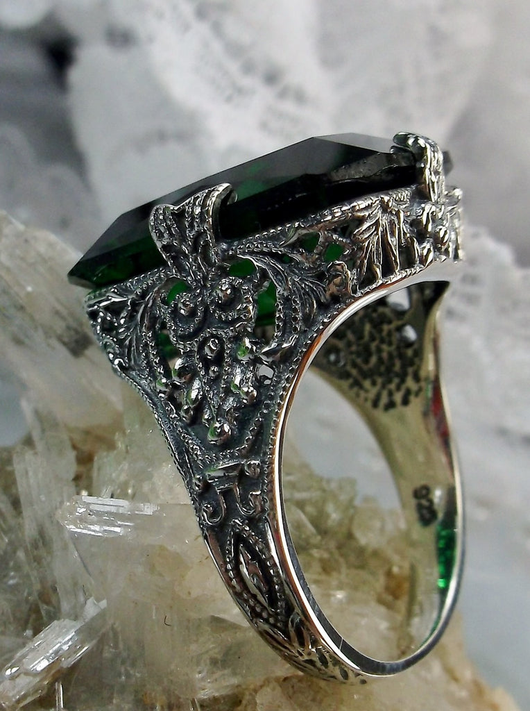 Emerald Green Ring, Edwardian style, sterling silver filigree, with flared prong detail, Treasure design