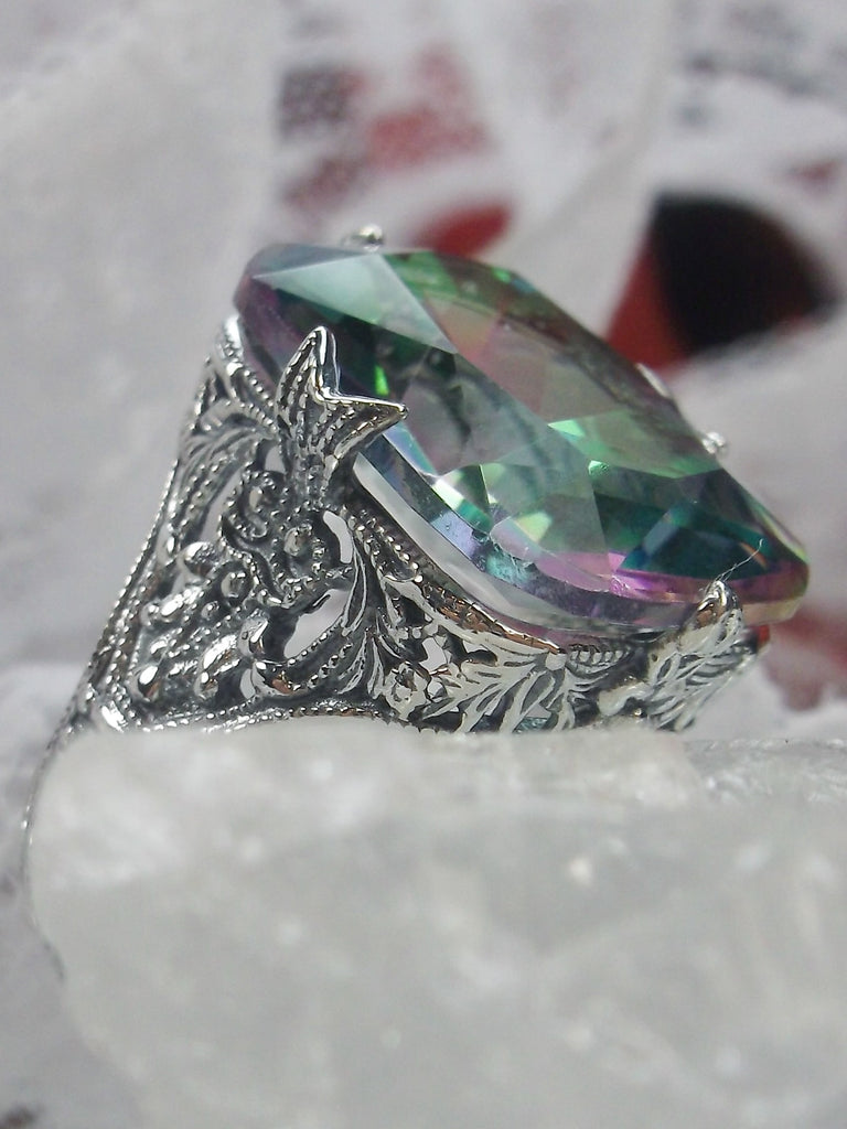 Mystic Topaz Ring, Edwardian style, sterling silver filigree, with flared prong detail, Treasure design