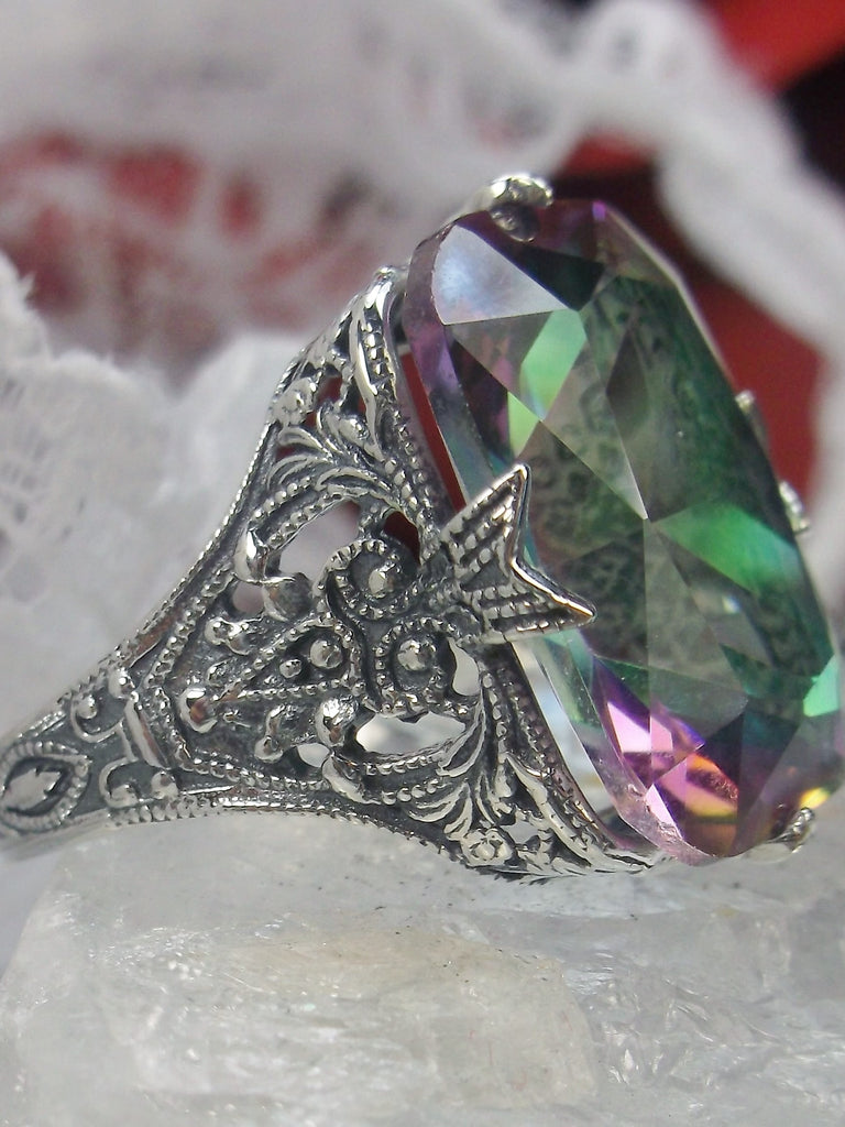 Mystic Topaz Ring, Edwardian style, sterling silver filigree, with flared prong detail, Treasure design