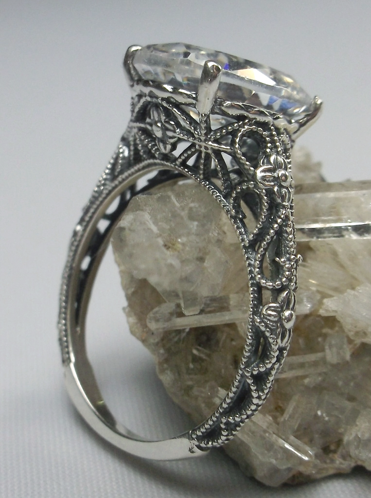 White CZ Ring, Medieval Floral Filigree, Oval CZ Gem, Vintage style Jewelry, Silver Embrace Jewelry, D173