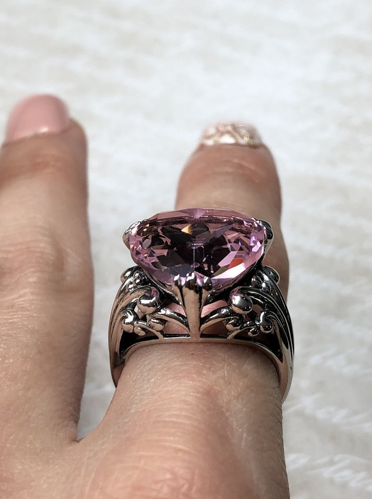 Pink Topaz ring with a heart shaped gem and gothic style sterling silver filigree