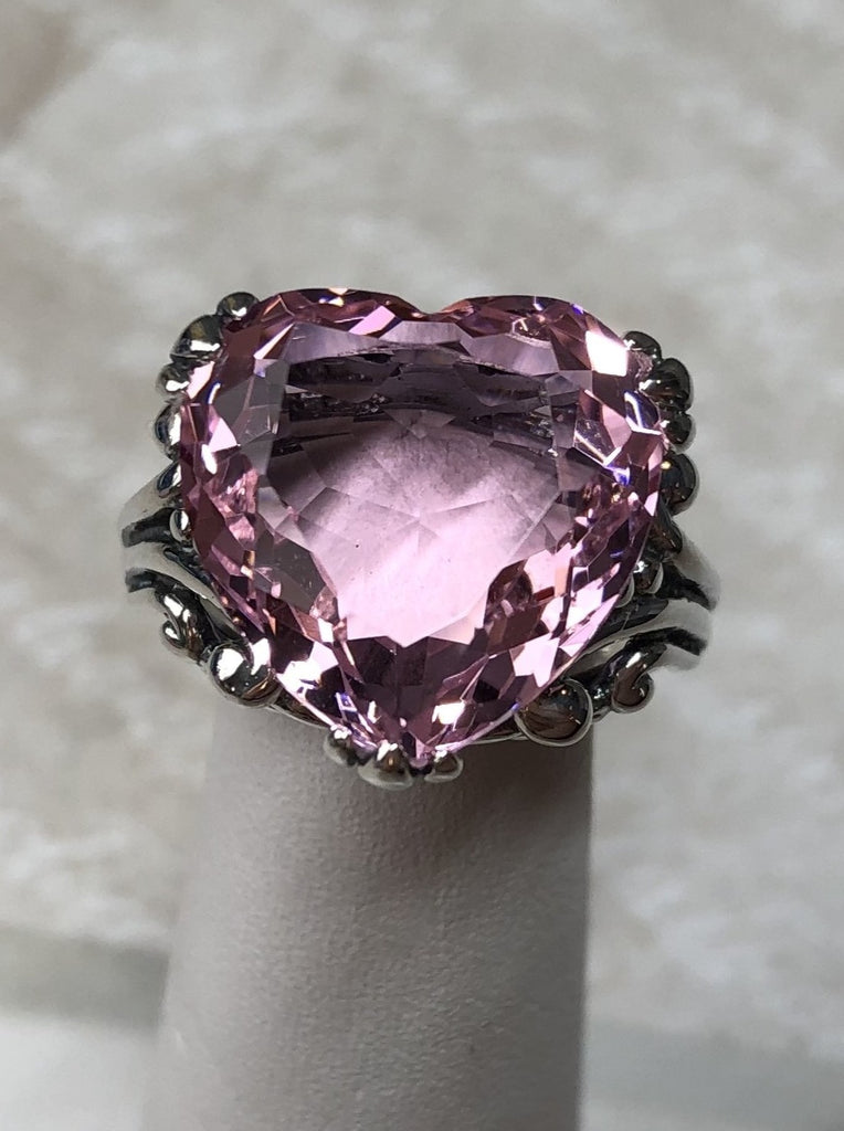 Pink Topaz ring with a heart shaped gem and gothic style sterling silver filigree