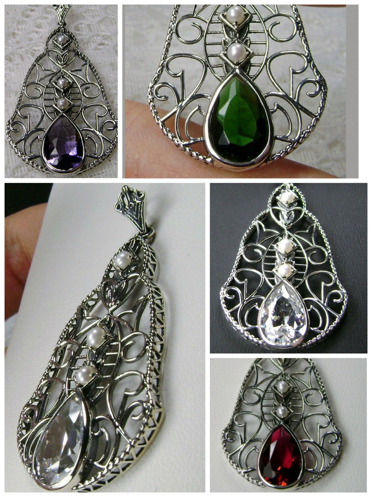 Vintage style Teardrop Lavalier Pendant Necklace, sterling silver filigree, teardrop gemstone, victorian jewelry, Silver Embrace Jewelry P22