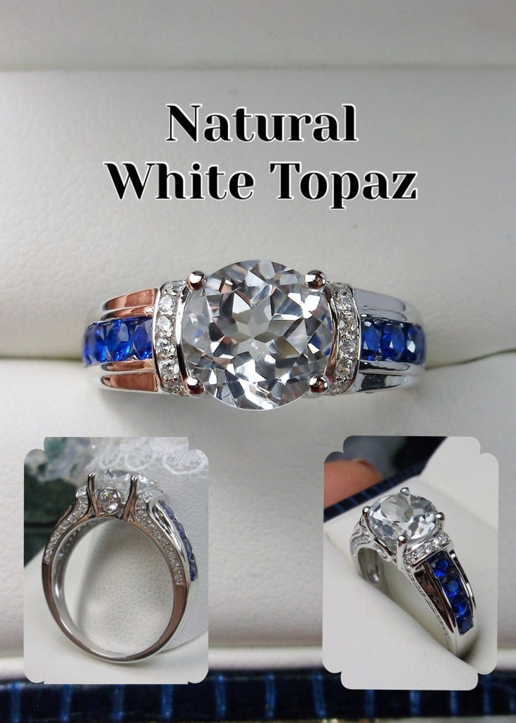 Natural White Topaz Ring, Deco Inlay design, Simulated Blue Sapphire Inset gems, White CZ accents, Sterling Silver Filigree, D220