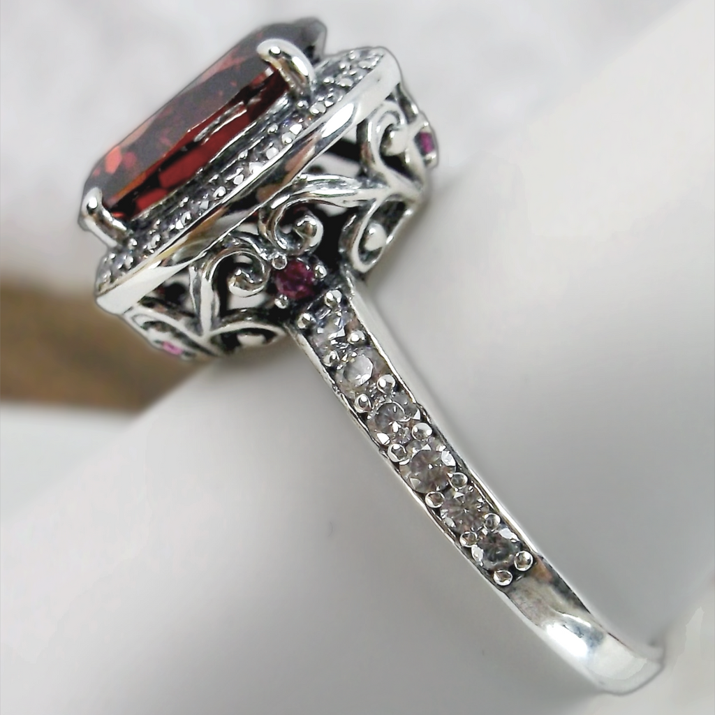 Red Garnet Cubic Zirconia (CZ) Ring, Sterling Silver Filigree, Halo Design, Silver Embrace Jewelry, Art Deco Jewelry, D228