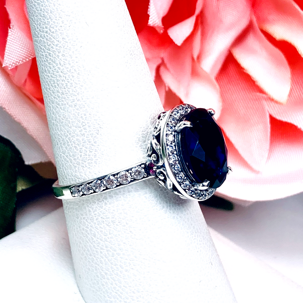 Blue Sapphire Ring, Sterling Silver Filigree, Halo Design, Silver Embrace Jewelry, Art Deco Jewelry, D228