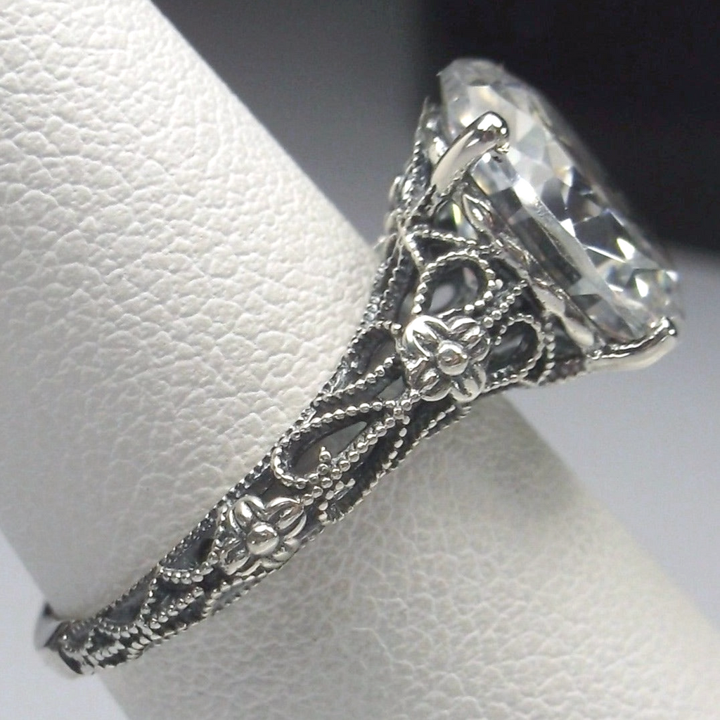 White CZ Ring, Medieval Floral Filigree, Oval CZ Gem, Vintage style Jewelry, Silver Embrace Jewelry, D173