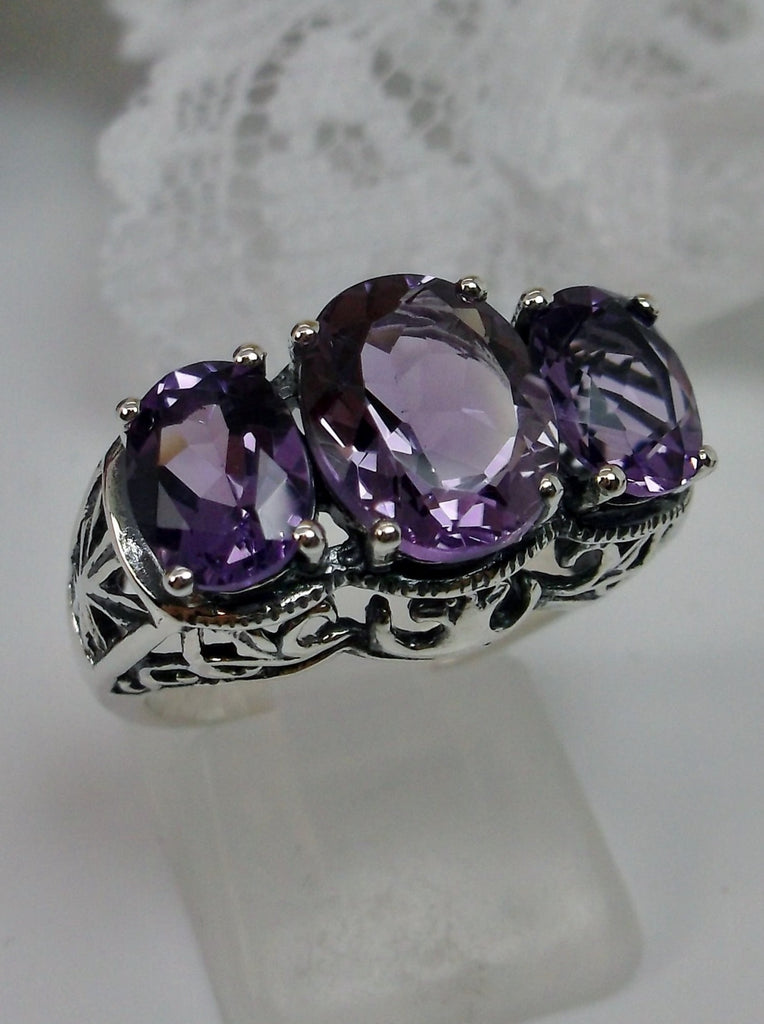 Natural Amethyst Ring, three stone, Sterling silver filigree, Art Deco jewelry