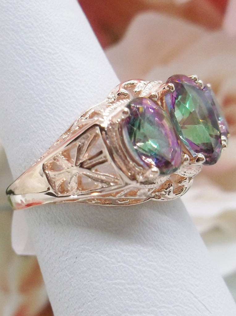 Mystic Topaz Ring, Triple 3-Stone design, rose gold filigree, Art Deco Jewelry