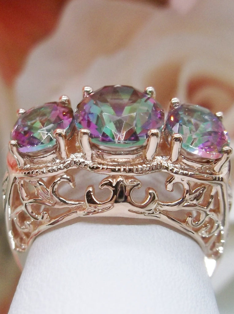 Mystic Topaz Ring, Triple 3-Stone design, rose gold filigree, Art Deco Jewelry