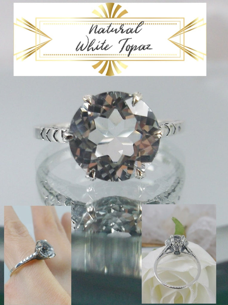 Natural White Topaz Ring, White Gem Solitaire Classic Ring, Vintage Jewelry, Silver Embrace Jewelry D37z