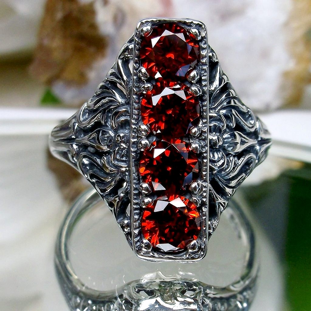 Garnet Ring, Red Garnet CZ Gemstones, 4 gems, Victorian swirl filigree, sterling silver, Silver Embrace Jewelry, D72