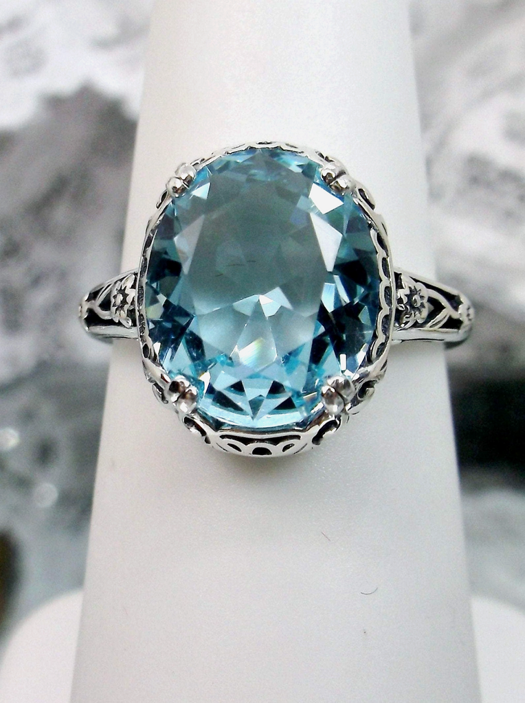 Aquamarine Ring, Sky Blue simulated oval gemstone, Sterling Silver floral filigree, Edward design #D70z, top view