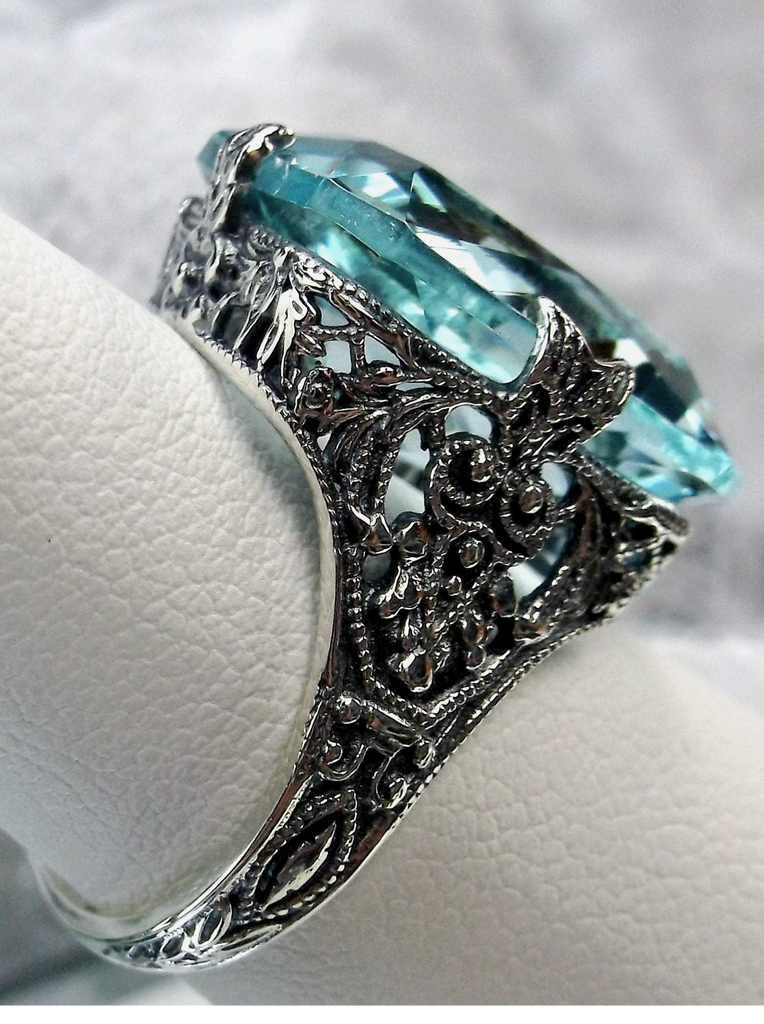 Sky Blue Aquamarine Ring, Edwardian style, sterling silver filigree, with flared prong detail, Treasure Ring D202, Silver Embrace Jewelry