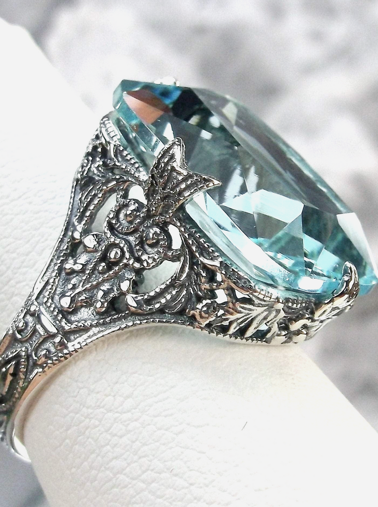 Sky Blue Aquamarine Ring, Edwardian style, sterling silver filigree, with flared prong detail, Treasure Ring D202, Silver Embrace Jewelry