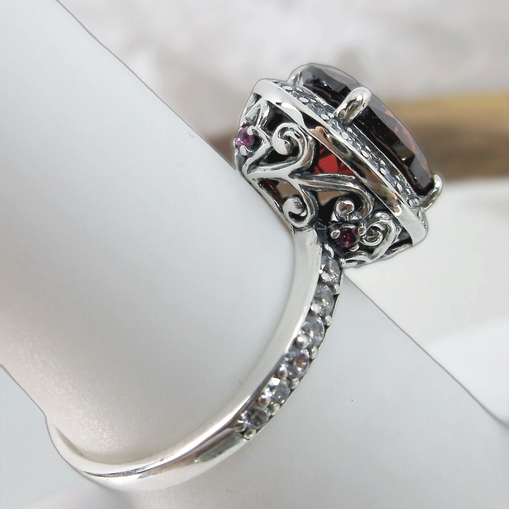 Red Garnet Cubic Zirconia (CZ) Ring, Sterling Silver Filigree, Halo Design, Silver Embrace Jewelry, Art Deco Jewelry, D228