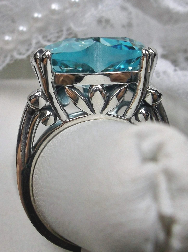 sky blue aquamarine ring with a heart shaped gem and gothic style sterling silver filigree, Silver Embrace Jewelry, D213, Heartleaf Ring