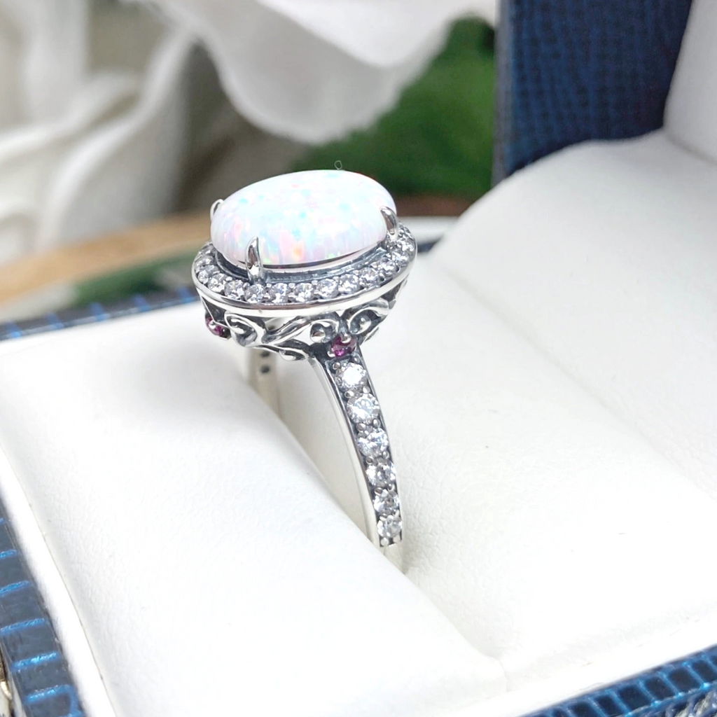 Opal gem ring surrounded by White CZ gemstones, with White CZ gems down the side of the ring, Opal Ring, Art Deco Sterling silver Filigree, D228 | Silver Embrace Jewelry