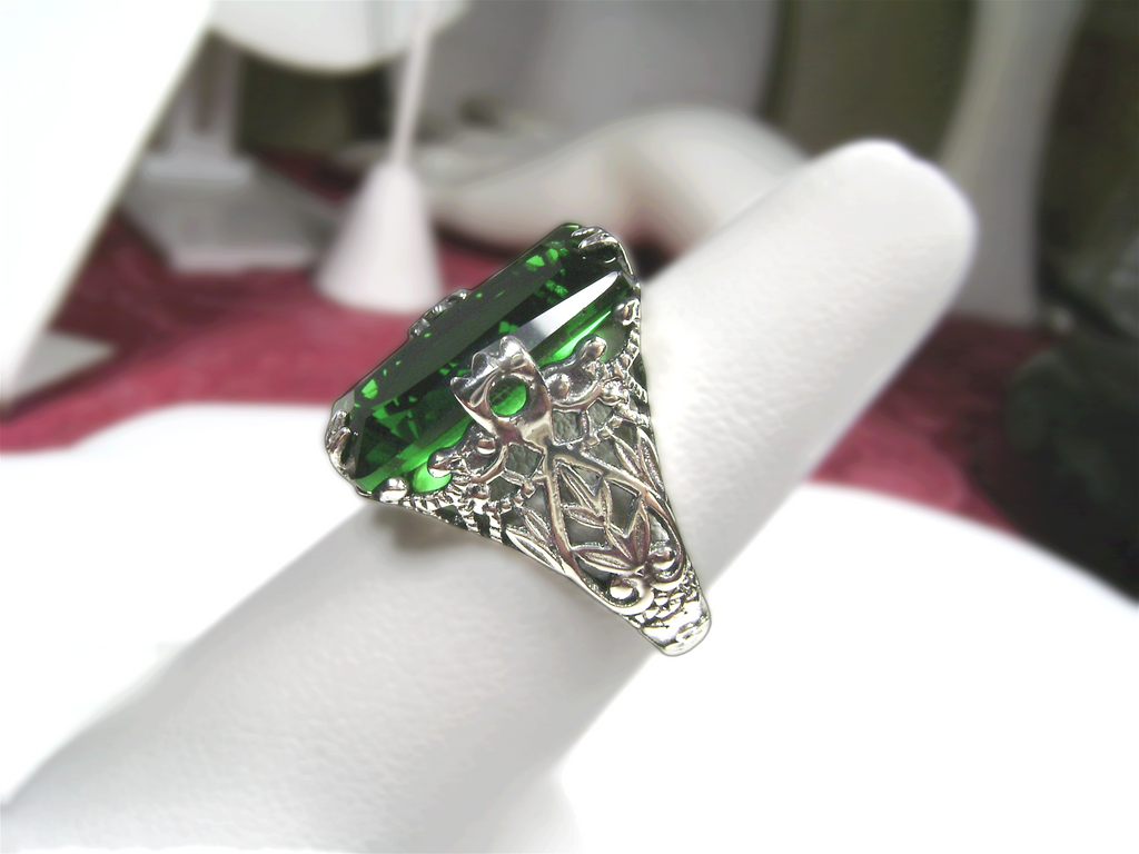 Green Emerald Ring, Baguette Gemstone, Intaglio Ring, Victorian Jewelry, Silver Embrace Jewelry, D31