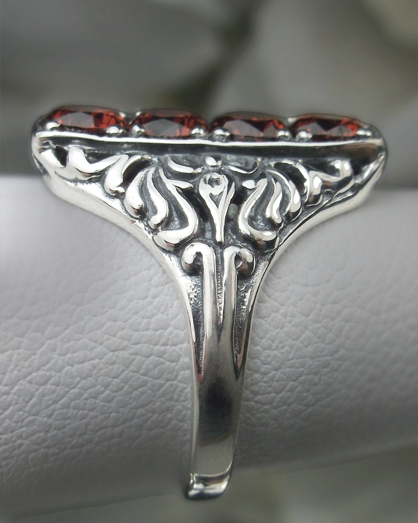 Garnet Ring, Red Garnet CZ Gemstones, 4 gems, Victorian swirl filigree, sterling silver, Silver Embrace Jewelry, D72