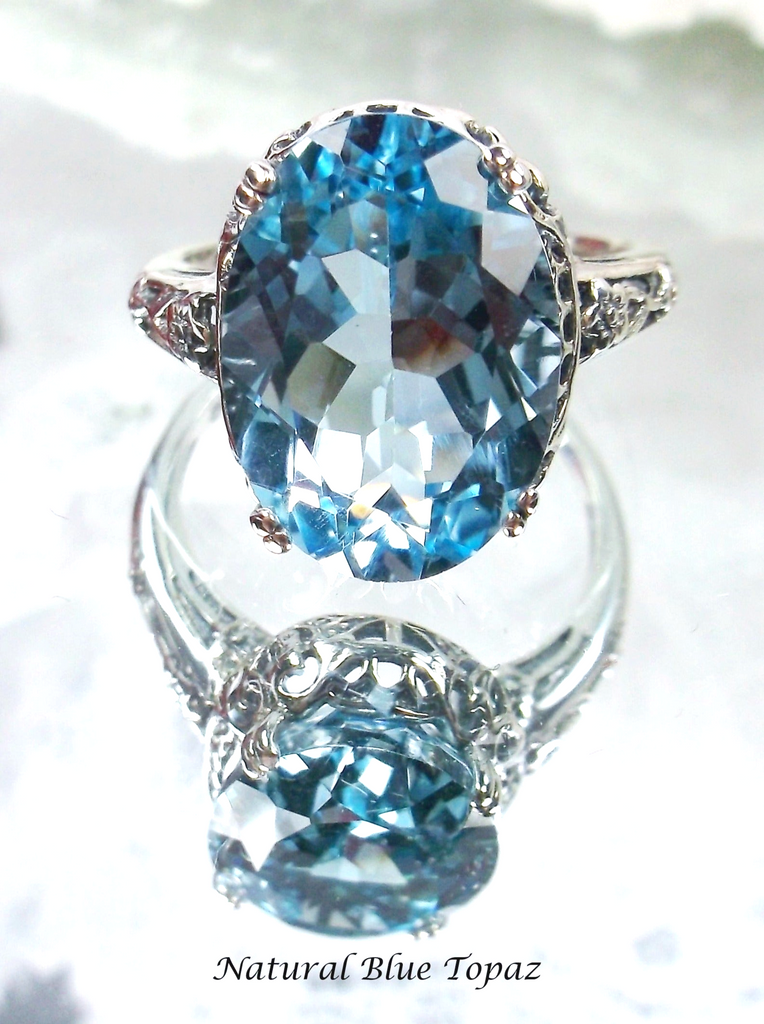 natural blue topaz Ring, natural oval faceted gemstone, floral sterling silver filigree, Edward design #D70