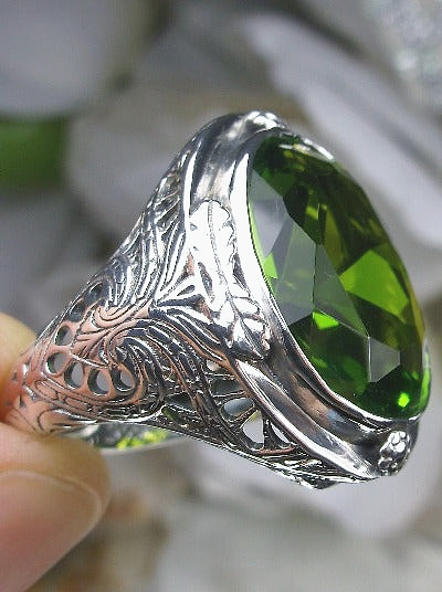 Green Peridot Ring, Large Oval Victorian Ring, Floral Filigree, Sterling Silver Ring, Silver Embrace Jewelry, GG Design#2