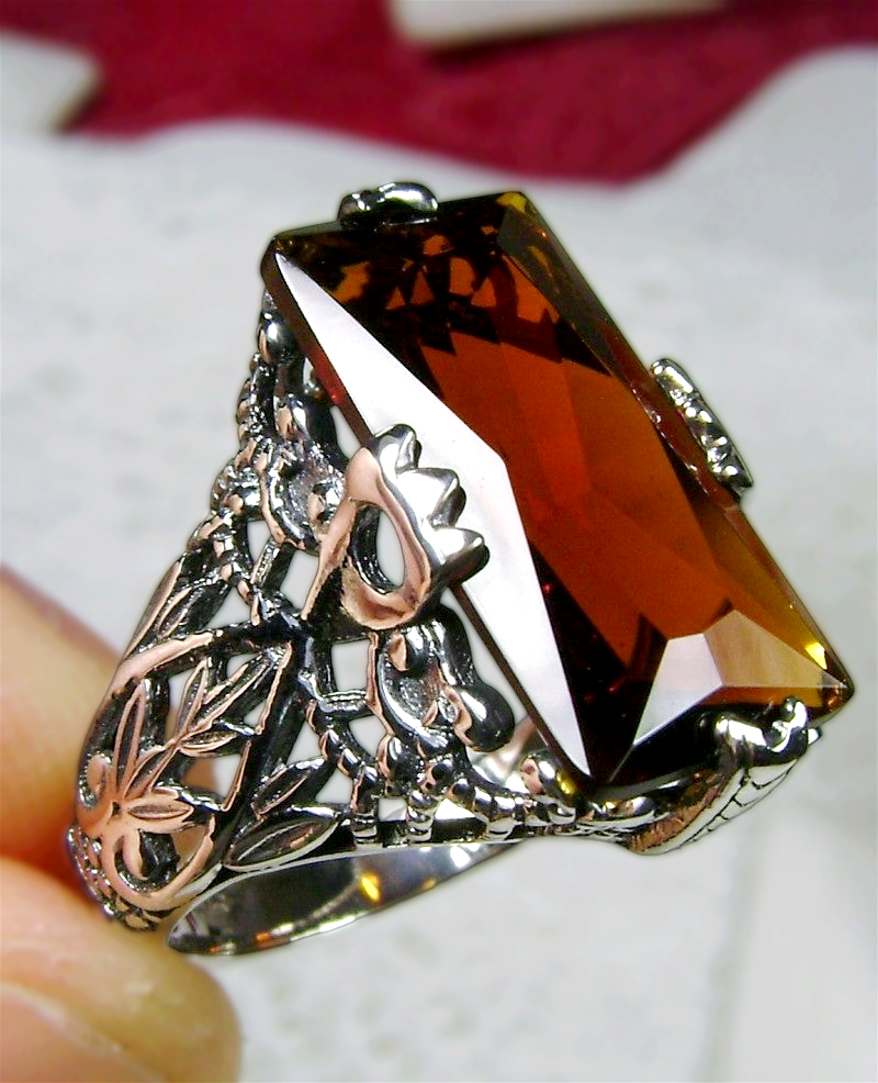 Orange Cognac Citrine Ring, Baguette Gemstone, Intaglio Ring, Victorian Jewelry, Silver Embrace Jewelry, D31