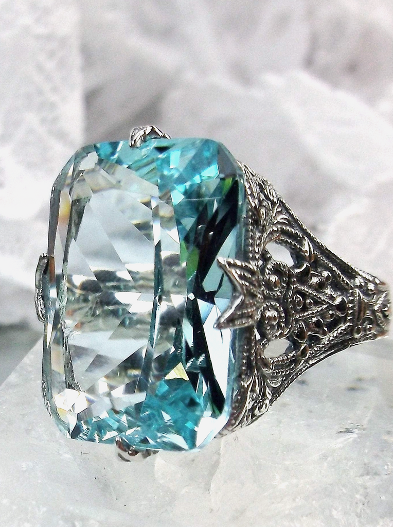 Sky Blue Aquamarine Ring, Edwardian style, sterling silver filigree, with flared prong detail, Treasure design