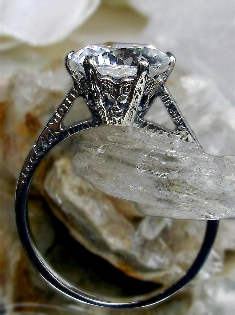  White CZ Ring, Cubic Zirconia gemstone, classic solitaire, Victorian sterling silver filigree