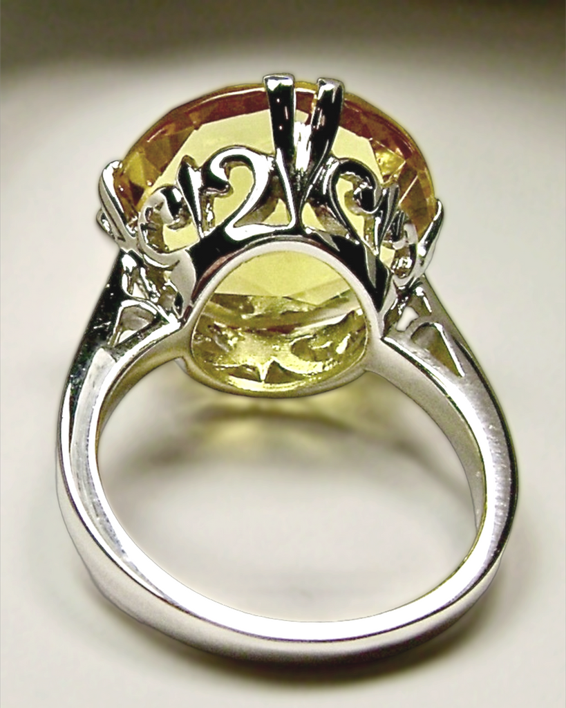 Yellow Citrine Ring, Fleur de Lis Ring - Vintage Jewelry D7 | Silver Embrace Jewelry, Stunning Art Nouveau/Victorian era-inspired ring from Silver Embrace features a 12ct man-made yellow citrine stone, hallmarked 925 sterling silver band and intricate filigree setting with fleur de lis designs.