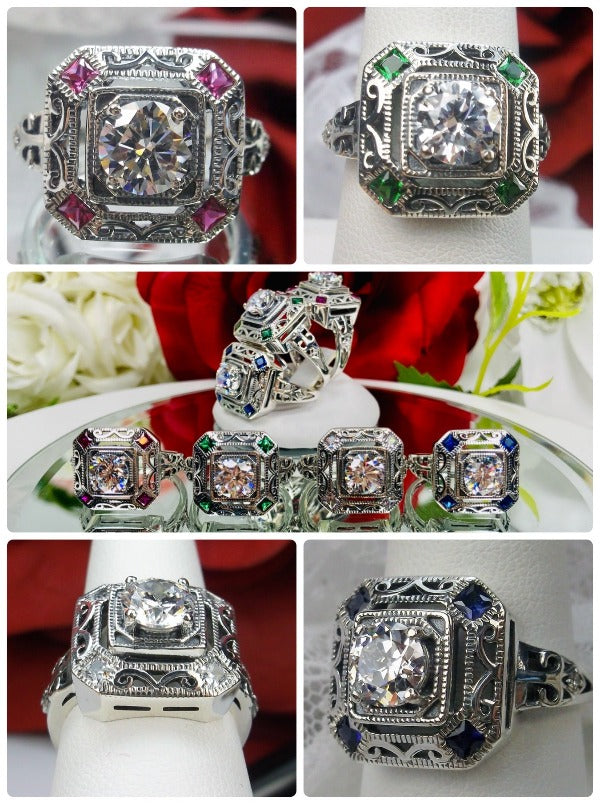 D68, Art Deco Ring, Choice Of Gemstones, Vintage Revival Jewelry #D68 –  Silver Embrace