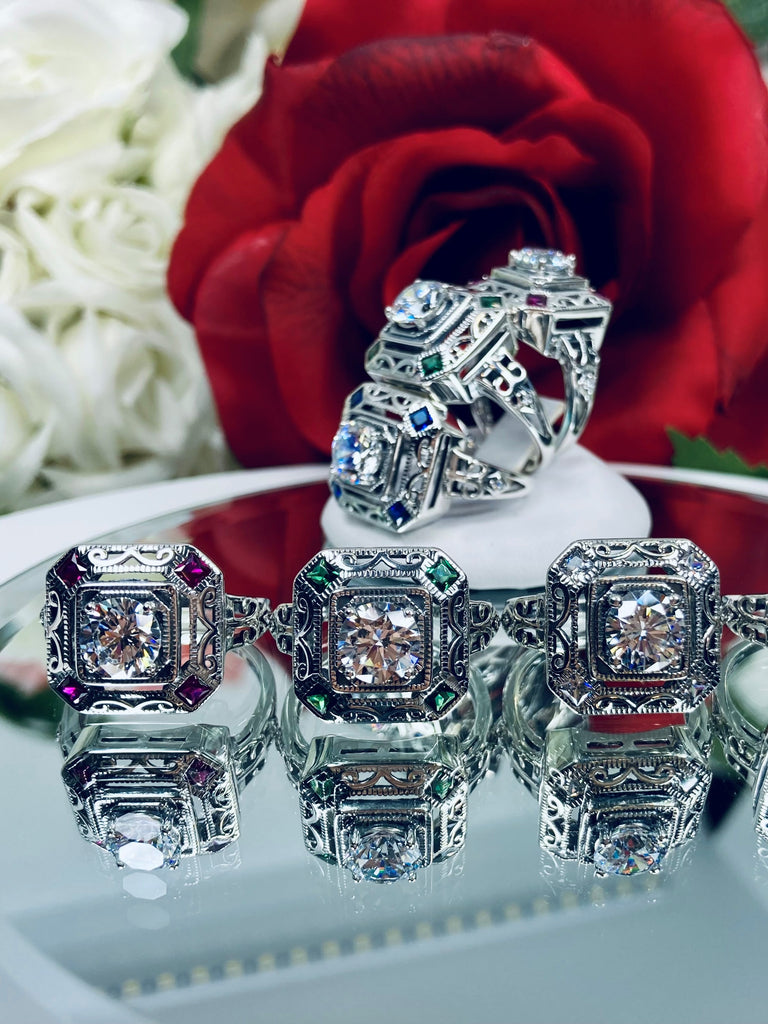 5 gem Art Deco Ring, Octagonal Sterling silver filigree, 5 gems, Silver Embrace jewelry, Vintage Ring, D68