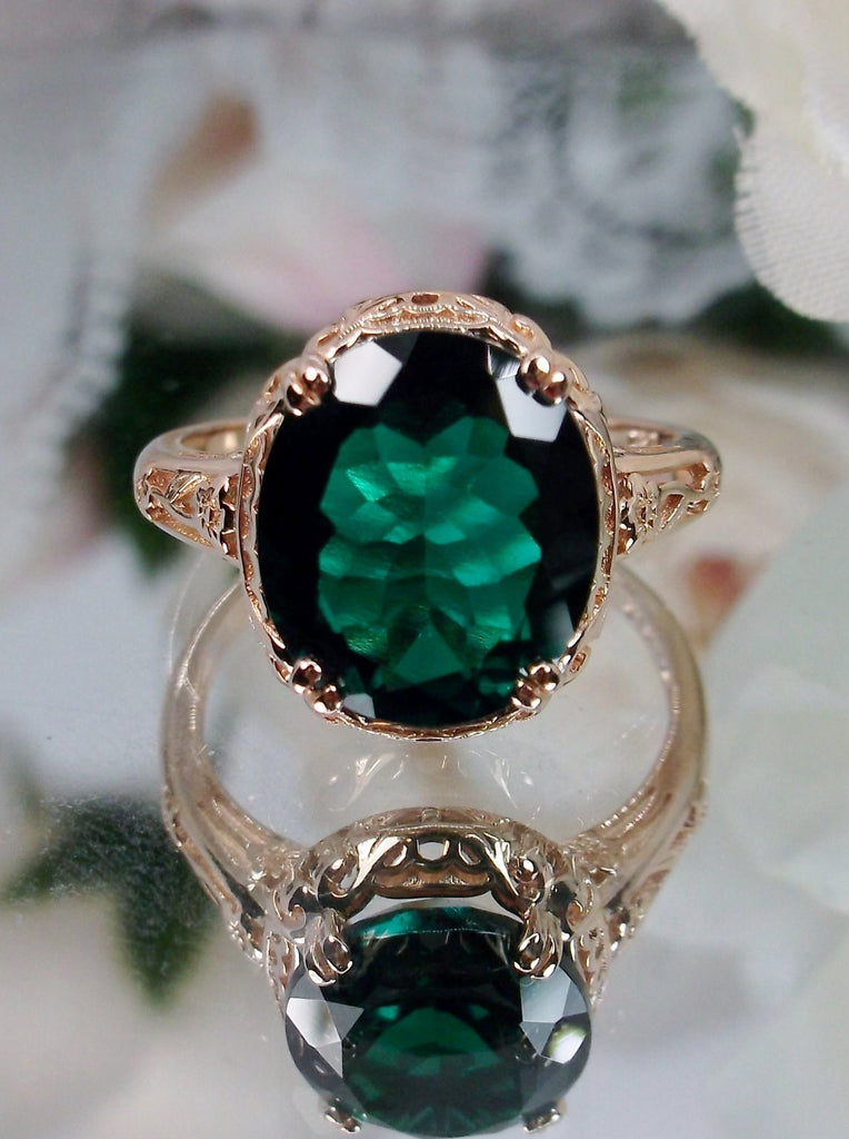 Natural Emerald Rose Gold Sterling Silver Filigree Ring, Edward Design #D70z, front view on mirror