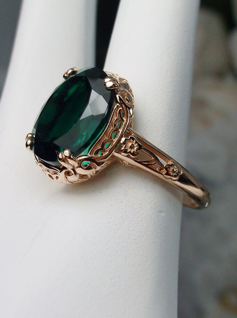 Natural Emerald Rose Gold Sterling Silver Filigree Ring, Edward Design #D70z, side & front view on ring holder