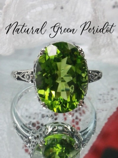 Peridot Ring, Natural green peridot oval faceted gemstone, sterling silver floral filigree, Edward design #D70, Silver Embrace Jewelry