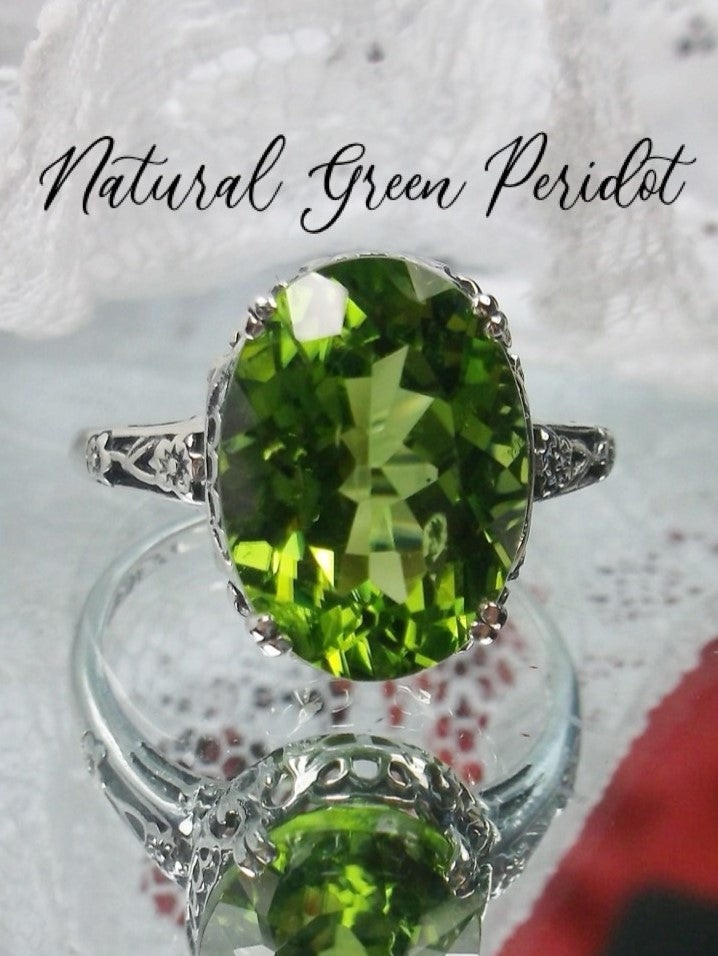 Peridot Ring, Natural green peridot oval faceted gemstone, sterling silver floral filigree, Edward design #D70, Silver Embrace Jewelry