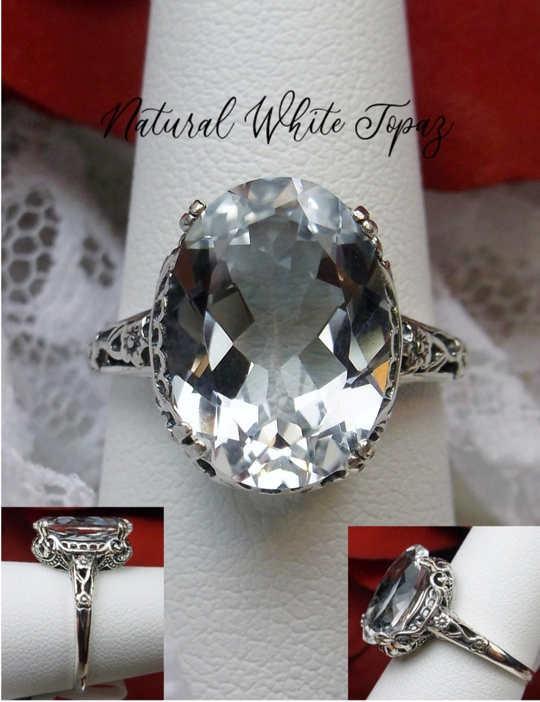 Natural White Topaz Ring, oval faceted gemstone, sterling silver floral filigree, Edward design #D70