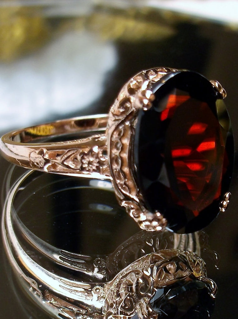 Natural Garnet Ring,  6.9 carat oval faceted natural gemstone, Rose Gold over Sterling Silver floral filigree, Edward design #D70