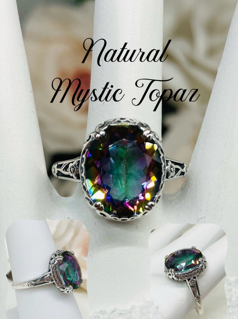 Mystic topaz ring, Natural Rainbow Topaz, Sterling Silver floral Filigree, Edward design#D70z, Silver Embrace Jewelry