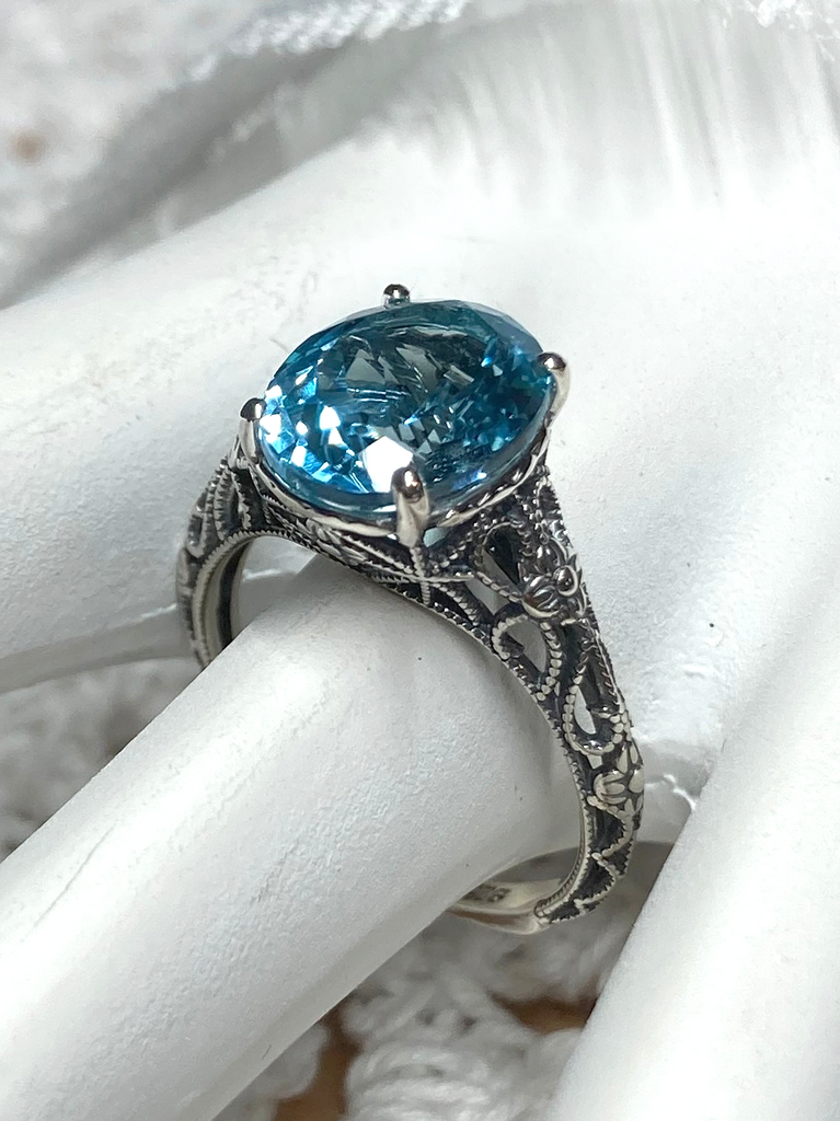 Natural Blue Topaz Ring, Medieval Floral filigree, Oval Gem, Vintage Sterling Silver Jewelry, Silver Embrace Jewelry, D173